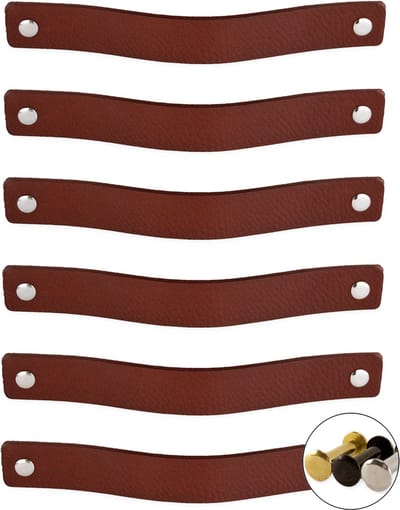 Leren handgrepen - Cognac - 6 stuks - 20,0 x 2,5 cm - incl. 3 kleuren schroeven - Handgrepen leer - Leren meubelgreep - Leren handvaten kast - Leren lus - Handgreep kast leer - Leren greepjes - Handvat leer - Leren deurgreep - Leren handgreep cognac