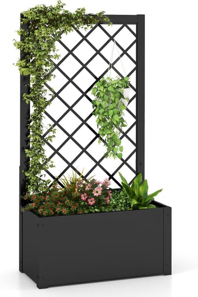 KOMFOTTEU Plantenbak met klimrek, metalen plantenbak, balkonbak voor klimplanten, groenten en kruiden, verhoogde plantenbak met zichtbescherming, bloembak, 63 x 31 x 112 cm