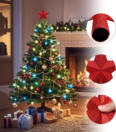 Sterren Topper voor Kerstboom - Glanzende Poinsettia Ornament voor Boomdecoratie - Perfect voor Feestdagen en Kerstdecoratie (Rood, 10cm)