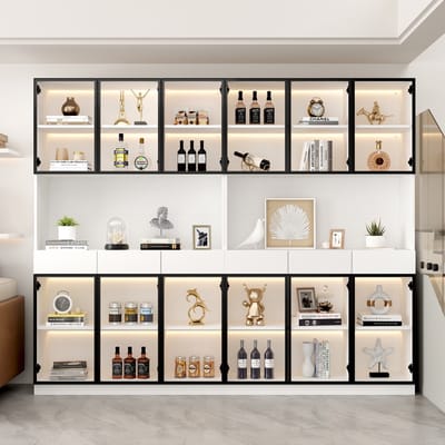 Zubaliya Vitrinekast - 36x240x200 cm wit/zwart - LED-verlichting - 3 laden - push-to-open deur