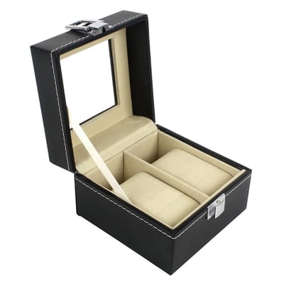Dailygoods- Horloge Box - 2 Compartimenten - PU Heren Horloge Box - Verwijderbare Kussens - Zwart - Transparante Deksel - Eenvoudig te Reinigen - Horloge Etui