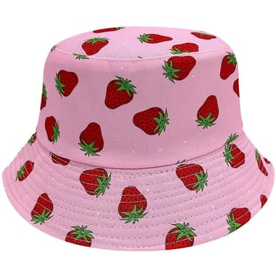 Zomer Creatieve Dubbelzijdige Aardbei Bedrukte Vissershoed Outdoor Strand Zonnehoed Koreaanse Versie Zonbescherming Fruit Emmerhoed M（56-58cm） pink