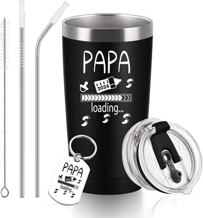 Dailygoods- Thermobeker 600ML Roestvrij Staal - Cadeau voor Aanstaande Vader - Papa 2026 Loading - Met Deksel - Met Rietje - Origineel Geschenk - Thermosbeker