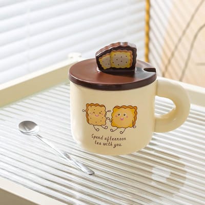 Creatief Brood Keramiek Thuisgebruik Schattige Cartoon Mok Mok Koppel Waterbeker met Deksel Lepel Koffiekop Ontbijtkop 301-400ml