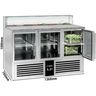 GGM Gastro Saladette PREMIUM - 1368mm - 3 Glastüren - mit Glasaufsatz für 8x GN 1/6 Zilver