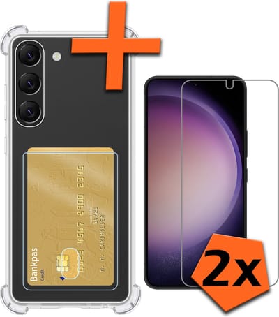 Hoes - Geschikt voor Samsung Galaxy S23 - Met 2x Screenprotector - Pashouder - Kaarthouder - Telefoon Hoesje Shockproof - Siliconen Case - Back Cover - Shock Proof - Pasjes Houder - Transparant