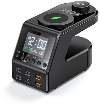 DrPhone GaNForce3 240W 10-in-1 GaN Oplaadstation – 4x USB-C PD3.1 140W + 2x USB-A QC3.0 – Dual Wireless Charging Voor Airpods & Apple Watch – Digitaal Display & Dubbele Wekker – Voor Laptop, iPhone, Samsung, iPad - Zwart