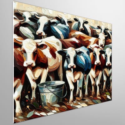 Olieverf koeien schilderij | Prachtige kudde: Kunstige koeien geschilderd in levendige olieverf | Kunst - 60x60 centimeter op Forex | Foto op Forex