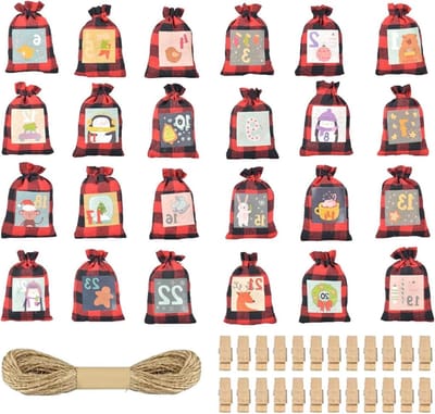 Adventskalender Zakjes - Kerst Kalender - Feestelijke Decoratie - Klassiek Rood Zwart Plaid - 24 Stuks - Niet gespecificeerd