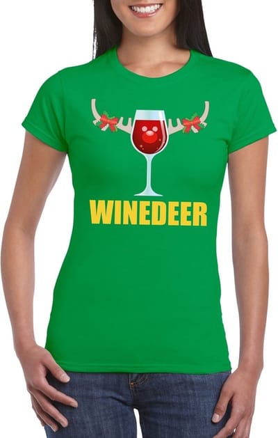 Bellatio Decorations Foute Kerst t-shirts - Wijntje - Winedeer - groen - voor dames - Kerstkleding truien S