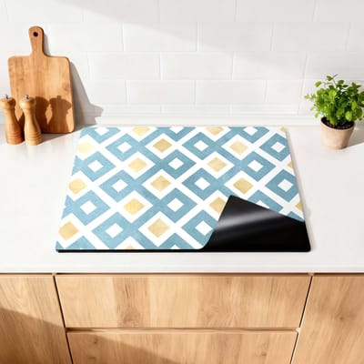KitchenArt - Diamond Wave Blue - Inductie Beschermer - 90x50 cm - Kookplaat Beschermer - Luxe Afdekplaat Inductieplaat - Anti-slip & Oprolbaar - Beschermmat Inductiekookplaat