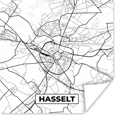 Poster België – Hasselt – Stadskaart – Kaart – Zwart Wit – Plattegrond - 100x100 cm XXL
