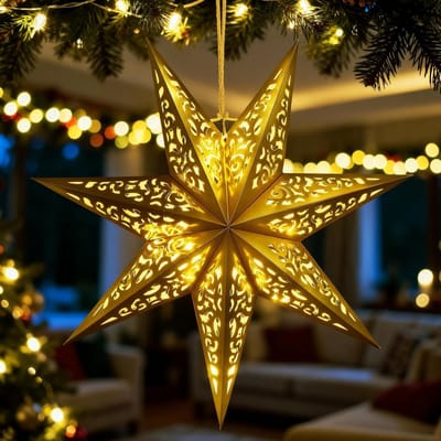 Gouden 60 cm Verlichte 3D Ster voor Kerstmis, Hangdecoratie met Lichten, Feestelijke Versiering voor Binnen en Buiten