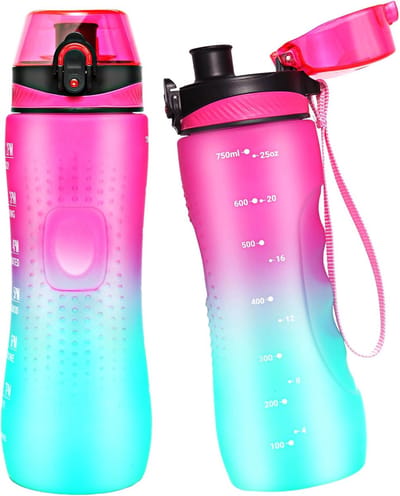 motivatiewaterfles met tijdmarkering, sport, Tritan, BPA-vrij, lekvrije waterfles voor jongeren en volwassenen, fitnessstudio (paars-groen, 750 ml)