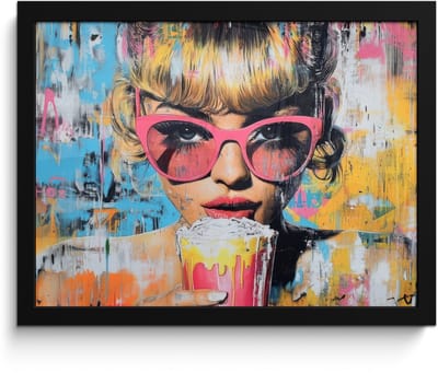 Poster in lijst - Fotolijst 40x30 cm - Posters - Zonnebril - Vrouw - Kleurrijk - Verfspetters - Posterlijst zwart - Decoratie - Wanddecoratie woonkamer - Muurdecoratie slaapkamer