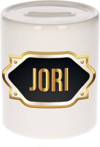 Spaarpot met voornaam Jori - wit - met goud/zwart embleem - 8 x 9 cm - keramiek - met afsluitdop - cadeau verjaardag