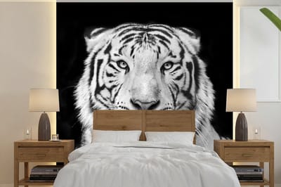 Behang - Fotobehang Tijger - Zwart - Wit - Portret - Dieren - Breedte 300 cm x hoogte 300 cm