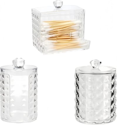 Duurzame Opbergdoos voor Wattenstaafjes en Wattenpads, Transparant met Diamantpatroon, Ideaal voor Cosmetica en Makeup in de Badkamer