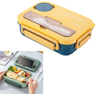Bento Box - met bestekset - lunchbox - sausbakje - 4 compartimenten - luchtdichte opbergdoos - 1300ml - eenvoudig te reinigen luchtdichte bentobox - geschikt voor thuis, werk, picknicks en reizen - geel