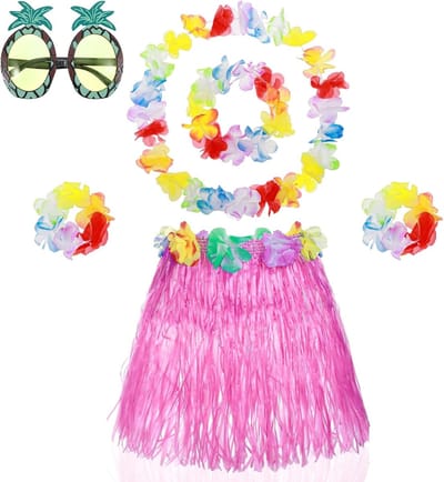 6 Pack Hawaii Rokjes voor Meisjes - Dansrok, Leuke Zonnebril en Hawaii Kostuum Accessoires voor Zomerfeest en Verkleedpartijen
