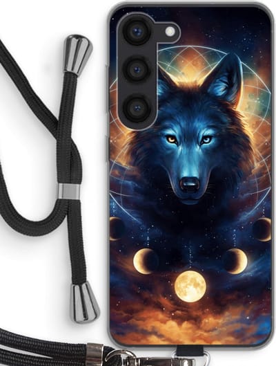 Case Company® - Hoesje met koord geschikt voor Samsung Galaxy S23 hoesje met Koord - Wolf Dreamcatcher - Telefoonhoesje met Zwart Koord - Bescherming aan alle Kanten en Over de Schermrand
