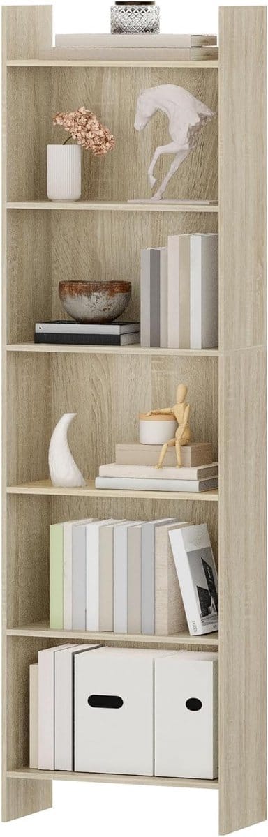 Zeslaags boekenplank en boekenkast, staande opbergrekken voor thuis, kantoor en woonkamer, 24 x 48 x 170 cm, wit eikenhout en wit, moderne opslagoplossingen