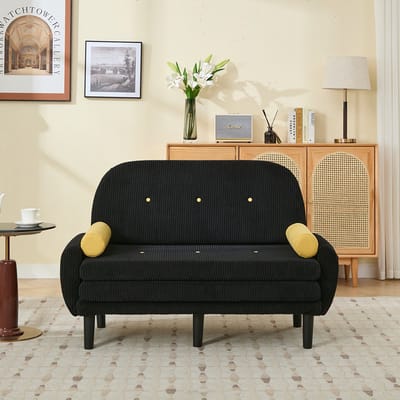 Pugsdrly Tweezitsbank in zwart corduroy voor de woonkamer, te gebruiken als dagbed en relaxfauteuil met opbergruimte.