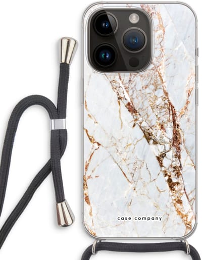 Case Company® - Hoesje met koord geschikt voor iPhone 14 Pro hoesje met Koord - Goud marmer - Telefoonhoesje met Zwart Koord - Bescherming aan alle Kanten en Over de Schermrand