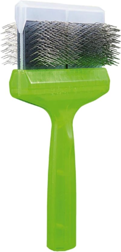 Activet® Groen Borstel Dubbel - Universele Zachte Anti Klit Slickerborstel voor Hond & Kat – Voor Puppy’s & Volwassen Dieren – Geschikt voor Kortharig tot Langharig Vacht - Slicker met Veilige Ronde Pinnen & Flexibele Borstelkop - Honden & Katten
