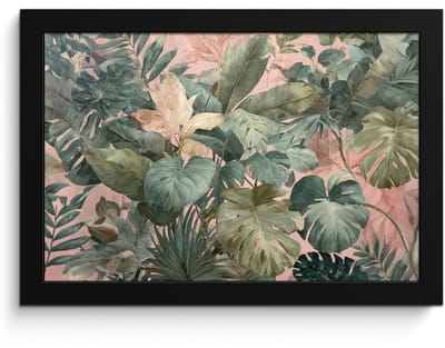 Poster in lijst - Fotolijst 30x20 cm - Posters - Compositie van bladeren - Groen - Roze - Posterlijst zwart - Decoratie - Wanddecoratie woonkamer - Muurdecoratie slaapkamer
