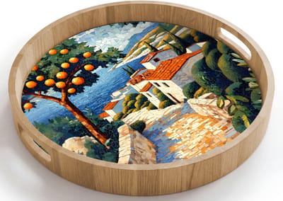 Dienblad rond 40x40 cm - Schootdienblad hout - Huizen - Mozaïek - Sinaasappelbomen - Zee - Borrelplank rechthoek - Plateau houten dienbladen