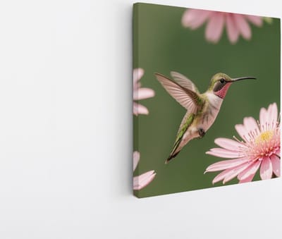 Saammp Canvas Schilderij - Kolibrie tussen de bloemen - Natuur - Dieren- 20x20 - Foto op canvas - Wanddecoratie - Muurdecoratie Woonkamer - Slaapkamer decoratie - Canvas Print