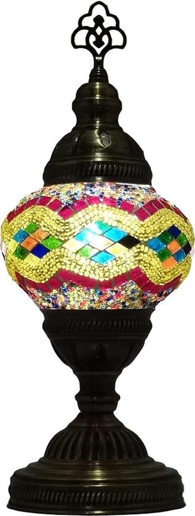 Oosterse lamp - tafellamp 13 cm - 1 stuk - geel bont handgemaakt mozaïek met messing beslag