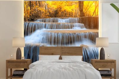 Behang - Fotobehang Waterval - Natuur - Bomen - Herfst - Landschap - Breedte 300 cm x hoogte 300 cm