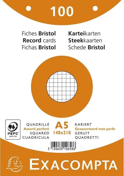 Exacompta Pak 100 steekkaarten in folie - bristol geruit 5x5 geperforeerd - 148x210mm - Geassorteerd - 10658E
