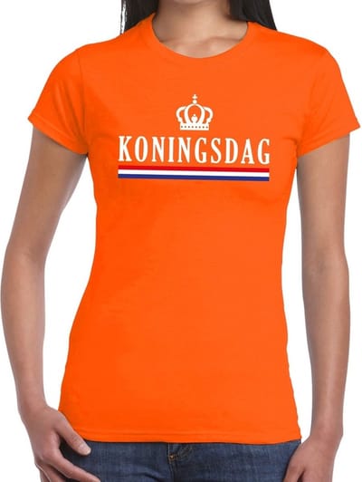 Oranje Koningsdag met vlag/kroontje t- shirt - Shirt voor dames - Koningsdag kleding XS