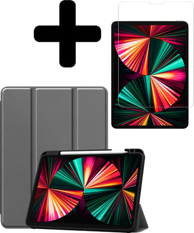 Hoes - Geschikt voor Apple iPad Pro (2021) - 12.9 inch - Met Screenprotector - Trifold Bookcase - Hard Cover Case - Met Uitsparing Geschikt voor Apple Pencil - Hardcover Book - Tablet Hoesje - Grijs