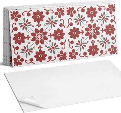 Coloray Plaktegels - Bloemenpatroon met bladeren Wandtegel Zelfklevend - 60 cm x 30 cm - Rood Plaktegels - 6 stuks - Rechthoek PVC Tegels - Plaktegels Keuken - Zelfklevende Vloertegels Badkamer - Vinyltegels Vloer Zelfklevend - Portugese Tegels