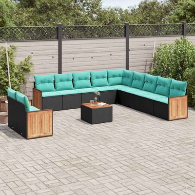 vidaXL - 12-delige - tuinbankset - met - kussens - van - zwart - polyrotan