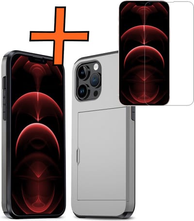 Hoesje Geschikt voor iPhone 14 Pro Hoesje Pasjeshouder Shockproof Hard Case Met Screenprotector - Hoesje Geschikt voor iPhone 14 Pro Hoes Met Kaarthouder - Grijs