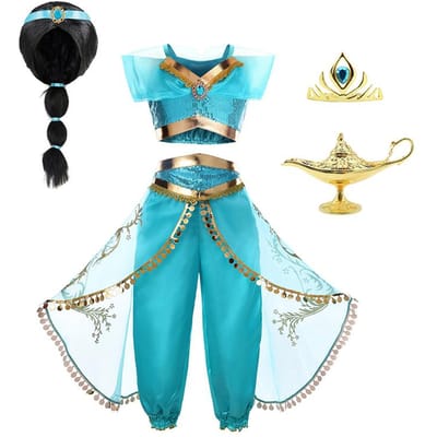 Kinderen Arabische Prinses Jurk Meisjes Halloween Jasmine Kostuum Kinderen Carnavals Cosplay Feest Verkleed Meisje Pailletten Miss Verkiezing Outfit 100(2T) blue
