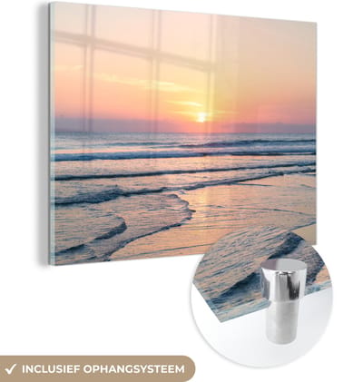 MuchoWow® Glasschilderij 160x120 cm - Schilderij acrylglas - Zee - Pastel - Zon - Foto op glas - Muurdecoratie woonkamer - Wanddecoratie slaapkamer - Schilderijen