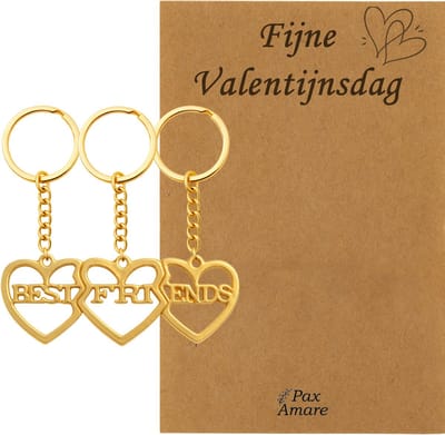 Koppel Sleutelhanger voor 3 'Fijne Valentijnsdag' - 3 hartjes - Best Friends - Sleutelhanger set op Cadeau Kaartje - Goudkleurig - Vriendschap of Relatie Symbool - Pax Amare