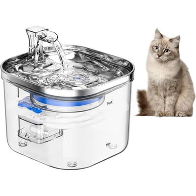 Fontaine à eau pour chat avec induction intelligente 2L/67oz Fontaine à boire pour animaux de compagnie en acier semi-inox Distributeur d'eau automatique avec pompe à eau silencieuse Semi Stainless Steel transparent