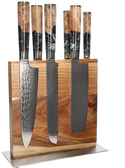 Shinrai Knives - Epoxy Onyx 6-delige Messenset + Messenblok Cito dubbelzijdig - Koksmes - Vleesmes - Hakmes - Broodmes