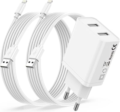 Lader geschikt voor iPhone / iPad / AirPods - Lightning naar usb Kabel - 1 Meter - Usb Stekker 2 Poorten Set - Usb Adapter