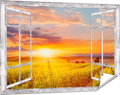 Gards Tuinposter Doorkijk Zonsopgang op het Maïsveld - 120x80 cm - Tuindoek - Tuindecoratie - Wanddecoratie buiten - Tuinschilderij