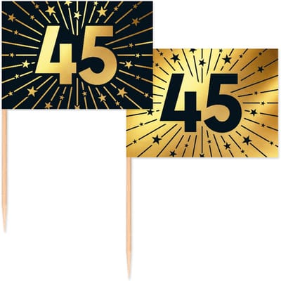 50 Vlagprikkers goud / zwart 45 jaar - Golden Celebrations - Hapjes Cocktailprikkers Tapas Prikkers Feestje