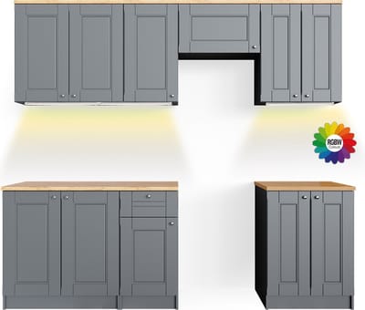 Vicco Bergamo Complete keukeneenheid – 240 cm, WB Goldkraft met LED-strip Edel grijs
