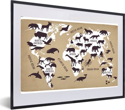 Poster in lijst - Fotolijst 60x40 cm - Posters - Wereldkaart - Sepia - Dieren - Posterlijst zwart - Decoratie - Wanddecoratie woonkamer - Muurdecoratie slaapkamer